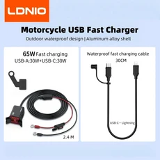 LDNIO 오토바이 USB C 고속 충전기 PD + QC3.0 60W 방수 소켓 유형 휴대 전화 12V24V 차량 탑재 어댑터, 02 With Lightning Cable
