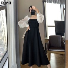 DFMEI 긴팔 블랙 오간자 튀김 원피스 여 패치 스퀘어넥 프렌치스커트 빈티지 망사 스커트