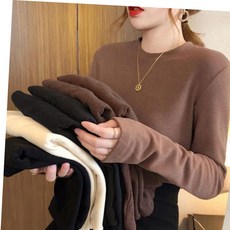 남자니트 여성 겨울 가을 베이직 이너 피치 기모 긴팔 티셔츠, 브라운, M