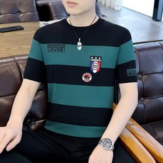 투니스 남성 라운드넥 스트라이프 아이스 실크 반소매 티셔츠