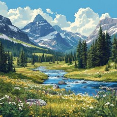 무휴 14ct 크로스 키트 겨울 동물용 새 프린팅 스탬프 크로스 패턴 키트 크로스 용품(겨, Mountains River Flowers