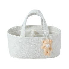 橢圓形泰迪絨嬰兒用品收納包尿布玩偶收納包籃嬰兒紙尿褲毛巾收納, 1個, 白色(帶小熊掛件)