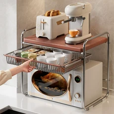 LOVFIR 주방 전자레인지 선반 테이블 이중 풀업 밥솥 스탠드 레이어드 선반 다용도 양념대, 2단, 은색