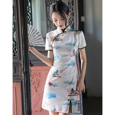 旗袍連衣裙 夏季改良印花國潮短裙 小個子宴會禮服氣質長裙