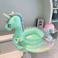 夏日必備 加厚網紅亮片恐龍兒童遊泳圈防側翻寶寶腋下圈嬰幼兒坐圈充氣浮圈, 加厚充氣底彩虹馬座圈綠色【1-6歲】, 1個