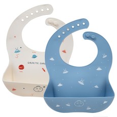 Little Dimsum베이비 방수 자기주도 이유식 실리콘 턱받이 2P 세트, 흰색+블루, 1세트, 2개입