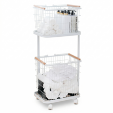 친절한마이쮸 이동식 2단 철제 빨래 바구니 대용량 빨래통 런드리 트롤리 세탁바구니, 화이트