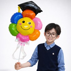 올리브파티 대형 리본 졸업 학사모 데이지 스틱 막대 풍선 세트, 6개, 레인보우+리본