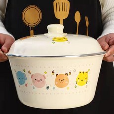 萌寵圖案加厚搪瓷碗附蓋, 1個, 萌寵搪瓷碗 加厚 ,22cm口徑