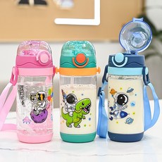 兒童吸管水壺 彈跳蓋防漏學習水杯 冷飲水壺 450ml - 上學必備, 1個, 恐龍太空人
