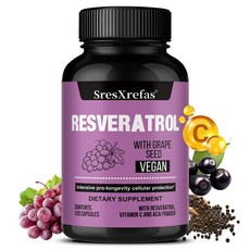 레스베라트롤+포도씨 비건 캡슐 - 비타민C와 아사이베리 파우더 - 세포보호 촉진 식물 항산화 영양공급, 2개, 60정