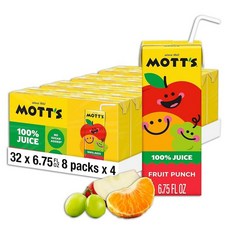 Mott's 100프로 오리지널 사과 주스 200ml6.75온스 박스 32개 8개 4팩 과일 2인분 글루텐 프리 카페인 인공 나 감미료 없음 237757, 6.75 Fl Oz (Pack of 32), 과일 펀치, 200ml