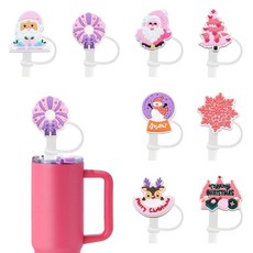 XnxnzhHo 크리스마스용 실리콘 빨대 커버 캡 8개 텀블러 핑크 재사용 가능한 토퍼 겨울 크리스마스 음료 컵 장식 액세서리 119457