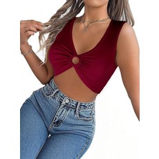 COOUFE 여성용 탱크 탑 섹시 딥 브이넥 민소매 셔츠 Y2k 나이트 아웃 크롭 탑 링 포함 블랙. XL, Burgundy