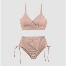 韓式氣質高腰兩截式比基尼 性感V領抽繩三角泳裝 綁繩可調泳褲 游泳度假泡湯比基尼泳裝