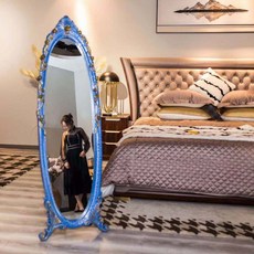 【豆腐妹的窩】破損補寄新品立體鏡子全身落地鏡女生臥室宿舍家用雕花歐式復古led穿衣試衣鏡, 藍色描金