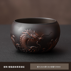GUEFOON 紫陶帶蓋大號菸灰缸家用, 1個, 紫陶-龍騰盛世茶渣缸:如圖所示（7615）