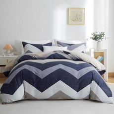 BOLINLIVING 이불 커버 트윈 사이즈 플라워 아동용 이불 커버 베개 커버 포함 부드러운 꽃무늬 침구 세트 사계절용 화이트 및 블루 통기성 지퍼 잠금, 웨이브 스트라이프 (이불 없음)