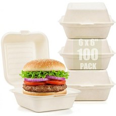 포후드 100팩 퇴비화 조개껍질 음식 용기 꺼내기 6 x 6인치 일회용 테이크아웃 음식 용기 햄버거 샌드위치 칩용 바가스 벤투 케이크 상자