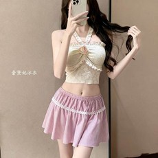 MISS·更衣室 分體式泳衣，甜美學生風，泰式吊帶，度假泳裝, 6673粉色,M【適合40-50公斤】