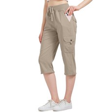 Toumett 여성용 카고 카프리 하이킹 팬츠 빠른 건조 경량 운동 아웃도어 여행 루즈핏 캐주얼 카프리 포켓 포함 카키 2032 191809