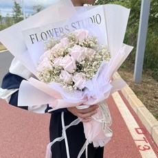 畢業禮物 花束禮物 母親節禮物 成品 包裝玫瑰花束送女友老師生日仿真假花香皂求婚情人節禮物干花花束, ins風11朵淺紫玫瑰白滿天星包裝,花束, 1個