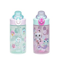 해외 잭디자인 Zak Designs 마블 스파이더맨 세이지 물병 학교 또는 여행용 473.2ml16온스 내구성 있는 플라스틱 빨대 손잡이 및 누출 커버 2팩 스파이더와 그의 놀, .0004.개비의 인형의 집 (The Gabby Cat