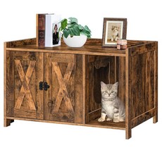 마한크리스 원목 고양이 화장실 숨김장 칸막이 포함 벤치형 엔드테이블 그레이지, Rustic Brown