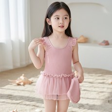 달콩슈 여아용 프릴 리본 원피스 수영복 세트 수영모 DSW617