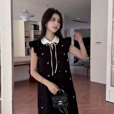 2025法式香風小飛袖娃娃時尚夏季新款黑色連衣裙減齡設計氣質, 1個, 黑,4xl建議穿75.0-82.5公斤