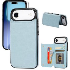 JOYAKI 카드 홀더가 있는 아이폰 17 에어 지갑 케이스 PU 가죽 킥스탠드 카드 슬롯 케이스 액정보호필름 이중 자석 걸쇠 및 내구성 있는 충격 방지 커버 16.8cm, 아이스 블루
