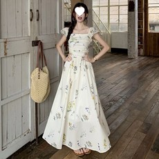 Yellwel 여름 휴가 스타일 플로럴 프린트 정사각형 넥 롱 원피스 DJP