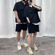 Vanana2 Anorak套裝 寬鬆版型 短袖 短褲 男女通用 情侶 運動套裝(6色), 黑色