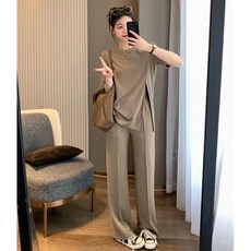 大尺碼女裝 設計感開叉短袖上衣 闊腿褲套裝