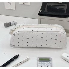 헤이두잇 땡땡이 필통 도트 리본 무늬 펜슬 케이스 신학기 학용품 파우치, 화이트, 1개