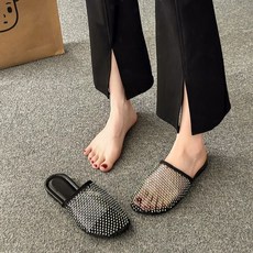 COSYEVNO 여성용 스팽글 장식 포인트 메쉬 스퀘어토 플랫 뮬 샌들 LFHtx-6