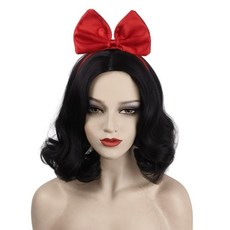 SisiruKou 애니메이션 짧은 성인용 블랙 프린세스 가발 리본 머리띠 포함 할로윈 코스튬 파티용 합성 가발, 20078