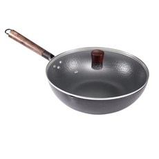 章丘 手工鍛造無塗層鐵鍋 32cm, 章丘老式鐵鍋+玻璃盖, 1個