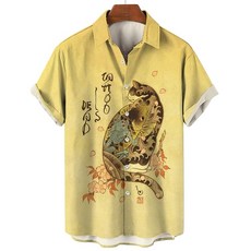 고양이 문신 남자 여자 하와이안 반팔 셔츠 복고 여행 노멀