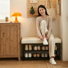 하루꿈 심플 현관 신발장 다용도 의자 수납 벤치형 정리대 좁은공간 낮은 간이 신발장, 아이보리 60cm, 2단