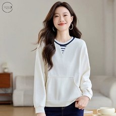 ORZQU 여성 가을 라운드넥 루즈핏 맨투맨 클래식 디자인감 페이크 투피스 티셔츠