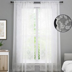 블랙/화이트 플로럴 레이스 시어 로드 포켓 커튼 패널 프라이버시 & 라이트 필터링 기능 침실 홈데코