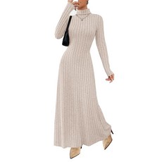 MITILLY 여성용 긴소매 맥시 드레스 2025 가을 겨울 캐주얼 터틀 넥 골지 니트 바디콘 데이트 드레스 살구. S