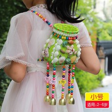兒童玩具 民族風竹編製品 兒童包包 小背簍 兒童演出道具 兒童小背簍 仿藤塑編織 幼兒園演出舞臺道具, 【小號】綠色小揹簍 貝殼款, 1個