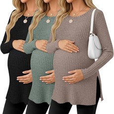 Ficerd 3팩 여성용 임산부 셔츠 긴소매 골지 임산부 스웨터 스쿱넥 슬릿 사이드 니트 티 엄마 의류 블랙 아미 그린 커피 L