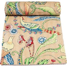 Marubhumi 인도 핸드메이드 전통 독특한 프린트 Kantha 퀼트 담요 맞춤형 핸드 스티치 with Love (베이지 트윈 (152.4cm x 228.6cm), 베이지, 트윈(60인치 x 90인치)