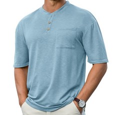 Opomelo 남성용 헨리 셔츠 반소매 애슬레틱 스트레치 티 베이직 여름 버튼 티셔츠 포켓 포함 데님 블루 XXL 269817