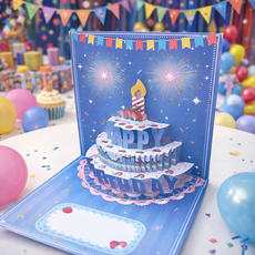 위캔바이 LED 불꽃 폭죽카드 반응형 3D 멜로디 생일카드, 1개, 블루