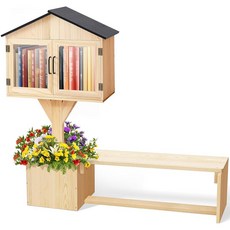 Wonderjune Little Library 야외 도서 벤치 키트 포함 내후성 이중 단색 책 교환 상자 바닥 플러그 및 작은 꽃 울타리 포함 이웃 커뮤니티 학교용(우, Wonderjune Little Library 야외 도