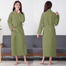 100%純棉華夫格浴袍 男女通用 情侶款 沐浴吸水 酒店睡袍, 1917-豆綠,XXL 身高180-體重200斤內